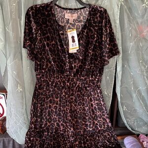 French Connection Velvet Leopard Print Short Dress - Black & Brown & Purple